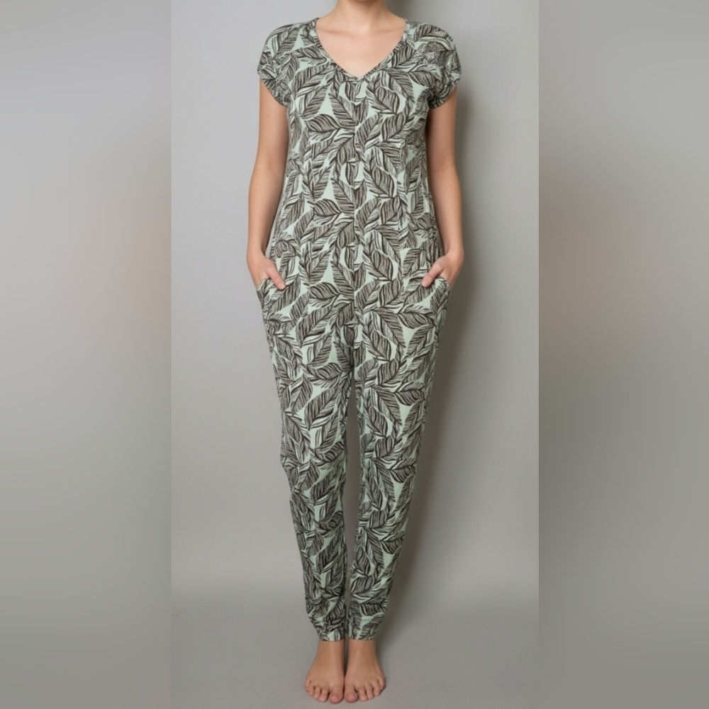 Muk Luks Leaf Print Short Sleeve V-Neck Onesie w Pockets, Size XS